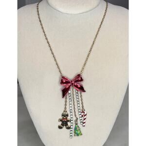 Betsey Johnson Holiday Charm Necklace Rhinestones Dangle Bow Christmas Festive